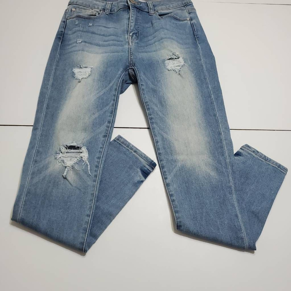 ENJEAN Jeans Womens 7 Ankle Skinny Denim Blue Distressed Pockets Fun Stretch New